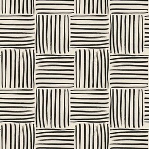 Small scale hand drawn geometric weave stripe block in black and beige.