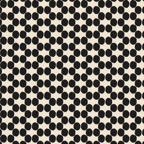 Micro scale hand drawn double dots block print pattern in onyx black and beige.