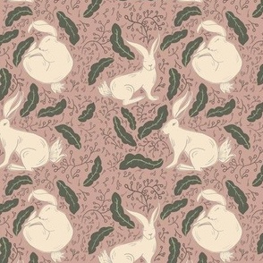 Hare earth colors with dusty pink  Blue Nature Inspired Animal Botanical Print