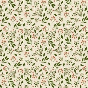 Hand drawn simple red berries and leaves on beige background