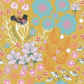 Revised Garden Party Flowers And Bird On Gold.