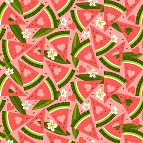 Watermelon Love hearts with frangipani flower and leaves - pink background