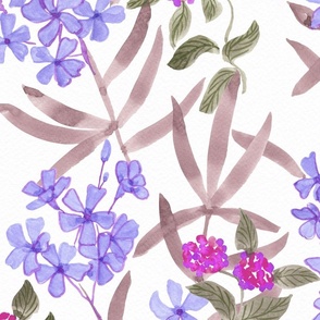 (large) Watercolor Oleander and Lantana Shrub - Violet and magenta on White