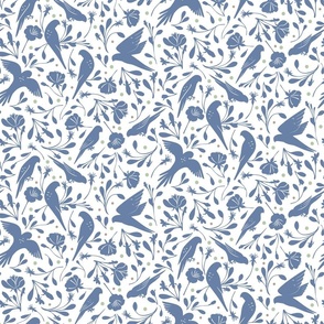 Parrots and flowers in storm blue with green and brown dots
