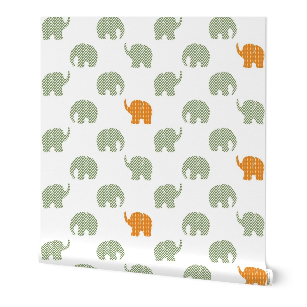 medium - Boho Baby Elephants - gender neutral girl or boy nursery -  green and orange on white