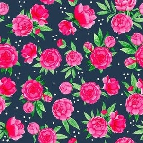Smaller Scale Hot Pink Peonies on Navy