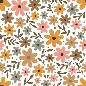 Busy floral - daisy flowers in gray, pink and orange - medium scale