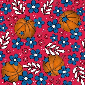 Large Scale Team Spirit Basketball Floral in Los Angeles LA Clippers Red and Blue