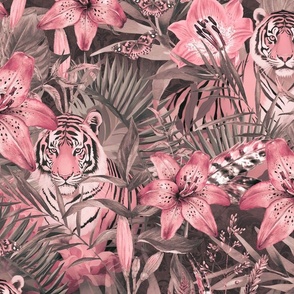 Jungle Opulence: Exotic Floral And Tiger Pastel Pink Large Scale