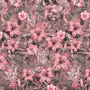 Jungle Opulence: Exotic Floral And Tiger Pastel Pink Medium Scale
