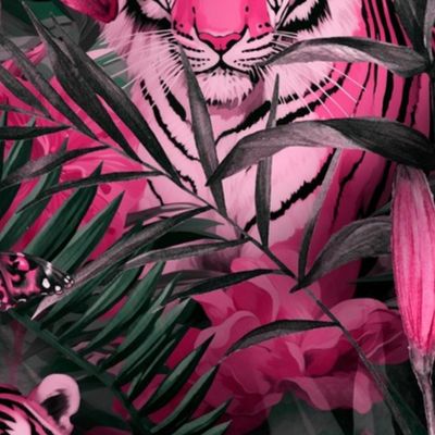 Jungle Opulence: Exotic Floral And Tiger Fuchsia Pink Large Scale
