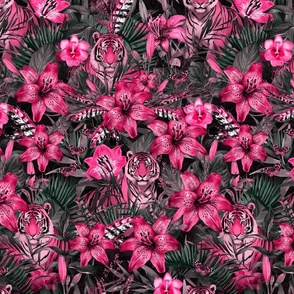 Jungle Opulence: Exotic Floral And Tiger Fuchsia Pink Medium Scale