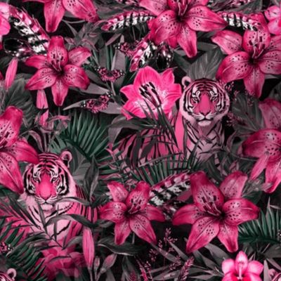 Jungle Opulence: Exotic Floral And Tiger Fuchsia Pink Smaller Scale