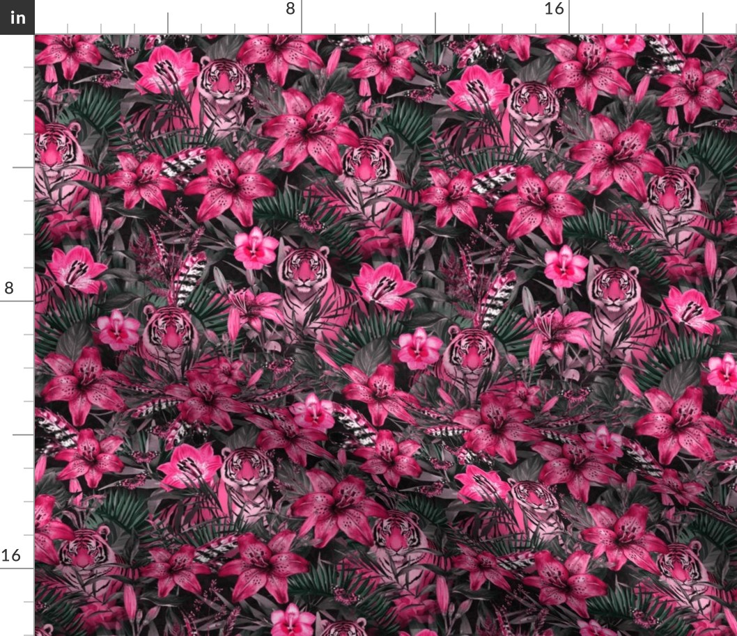 Jungle Opulence: Exotic Floral And Tiger Fuchsia Pink Smaller Scale