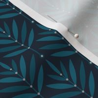 Retro Leaves // small scale 0038 B // Art Deco and Art Nouveau Inspired Symmetrical Aesthetic Surface Pattern from the '70s and '80s leaf dot dots accent contrast  navy blue ombre white teal turquoise