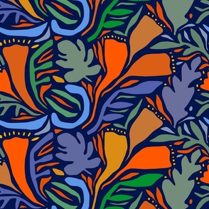 Tropical Block Print Flowers - Orange Violet Blue - Medium Scale 36" repeat - Design 16074358