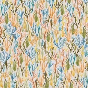 Hand Painted Watercolour Colourful Coral In Blue, Green, Orange And Yellow On Off White Small