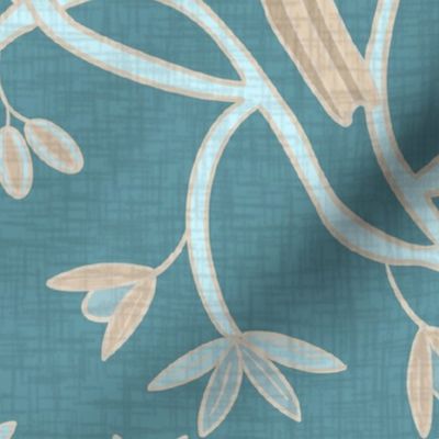 Birds on vines I, teal and taupe,  chinoiserie, large scale, 24" 