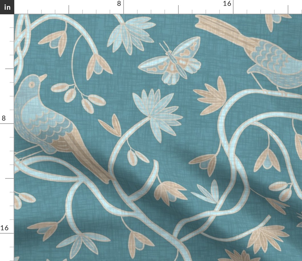 Birds on vines I, teal and taupe,  chinoiserie, large scale, 24" 