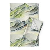 watercolor mountains, jumbo large scale, green ivory cream soft white beige dark gray blue brown wallpaper neutral earth western