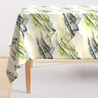 watercolor mountains, jumbo large scale, green ivory cream soft white beige dark gray blue brown wallpaper neutral earth western