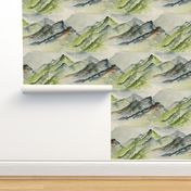 watercolor mountains, jumbo large scale, green ivory cream soft white beige dark gray blue brown wallpaper neutral earth western