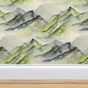 watercolor mountains, jumbo large scale, green ivory cream soft white beige dark gray blue brown wallpaper neutral earth western