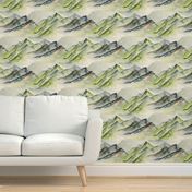 watercolor mountains, jumbo large scale, green ivory cream soft white beige dark gray blue brown wallpaper neutral earth western