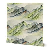 watercolor mountains, jumbo large scale, green ivory cream soft white beige dark gray blue brown wallpaper neutral earth western