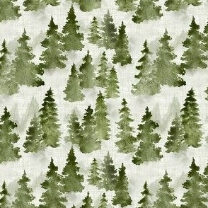 Watercolor Evergreen Fur Pine Trees -  Ditsy Scale - Sage Olive Green Woodland Woods Forest Misty Foggy Mountains