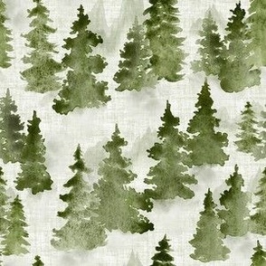 Watercolor Evergreen Fur Pine Trees -  Small Scale - Sage Olive Green Woodland Woods Forest Misty Foggy Mountains