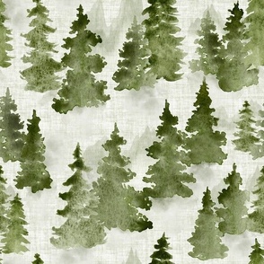 Watercolor Evergreen Fur Pine Trees -  Medium Scale - Sage Olive Green Woodland Woods Forest Misty Foggy Mountains