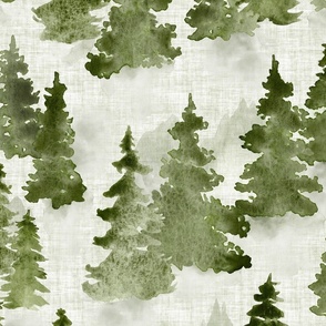 Watercolor Evergreen Fur Pine Trees -  Large Scale - Sage Olive Green Woodland Woods Forest Misty Foggy Mountains