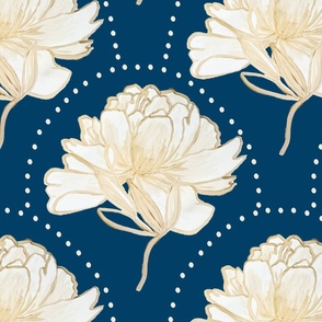 Large Gold White Peony on Blue / Hand Painted