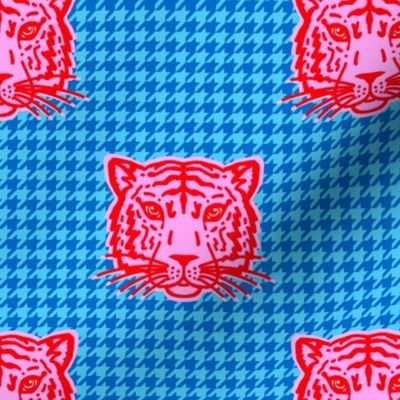 Tiger houndstooth pink and red on blue