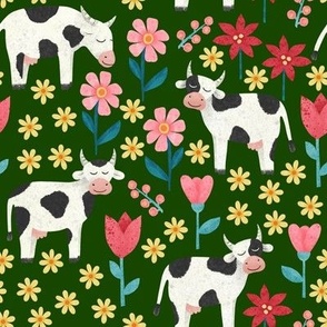 Hand drawn happy black and white spotted cows in a green floral meadow / Paper cut style 
