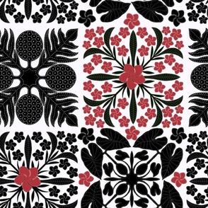 black and red Plumeria Ulu Kalo Quilt on White