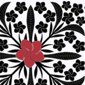 large black and red Plumeria Ulu Kalo Quilt on White