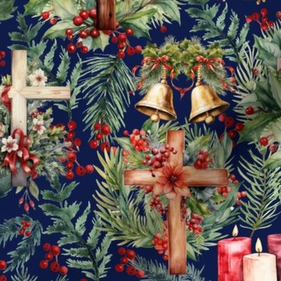 Christmas Christian Crosses Bells Navy medium