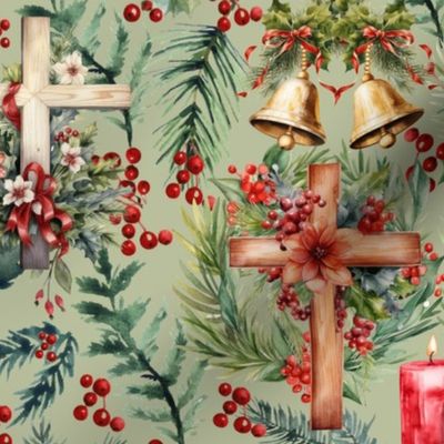 Christmas Christian Crosses Bells Green medium