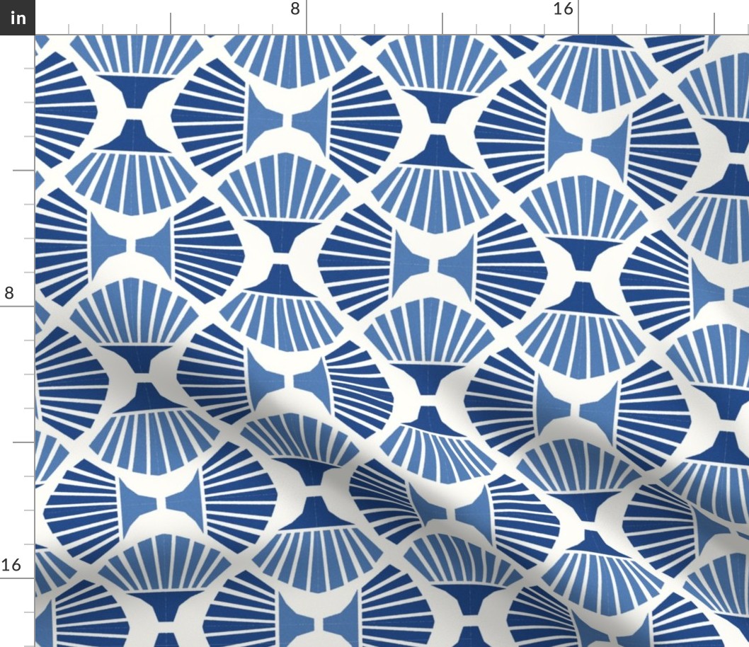 Geometric block print textured angular fan dark and clear blue