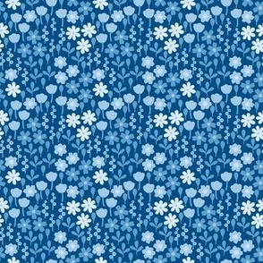 Hand drawn monochromatic blue floral pattern