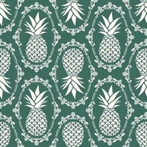 Medium Scale Pineapple Fruit Damask Ivory on Pine Green - Copy