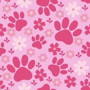 Paw prints trailing through a floral garden. Monochromatic pink pets paw prints