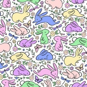 Neon Pastel Bunny Rabbits with Spring Flora - on white, small 
