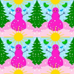 Mini Pink Snowman Woodland Holiday Sunshine And Birds Cute Colorful Retro Modern Scandi Bright Bold Cheerful Christmas Winter Snow 