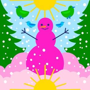Pink Snowman Woodland Holiday Sunshine And Birds Cute Colorful Retro Modern Scandi Bright Bold Cheerful Christmas Winter Snow 