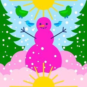 Big Pink Snowman Woodland Holiday Sunshine And Birds Cute Colorful Retro Modern Scandi Bright Bold Cheerful Christmas Winter Snow 