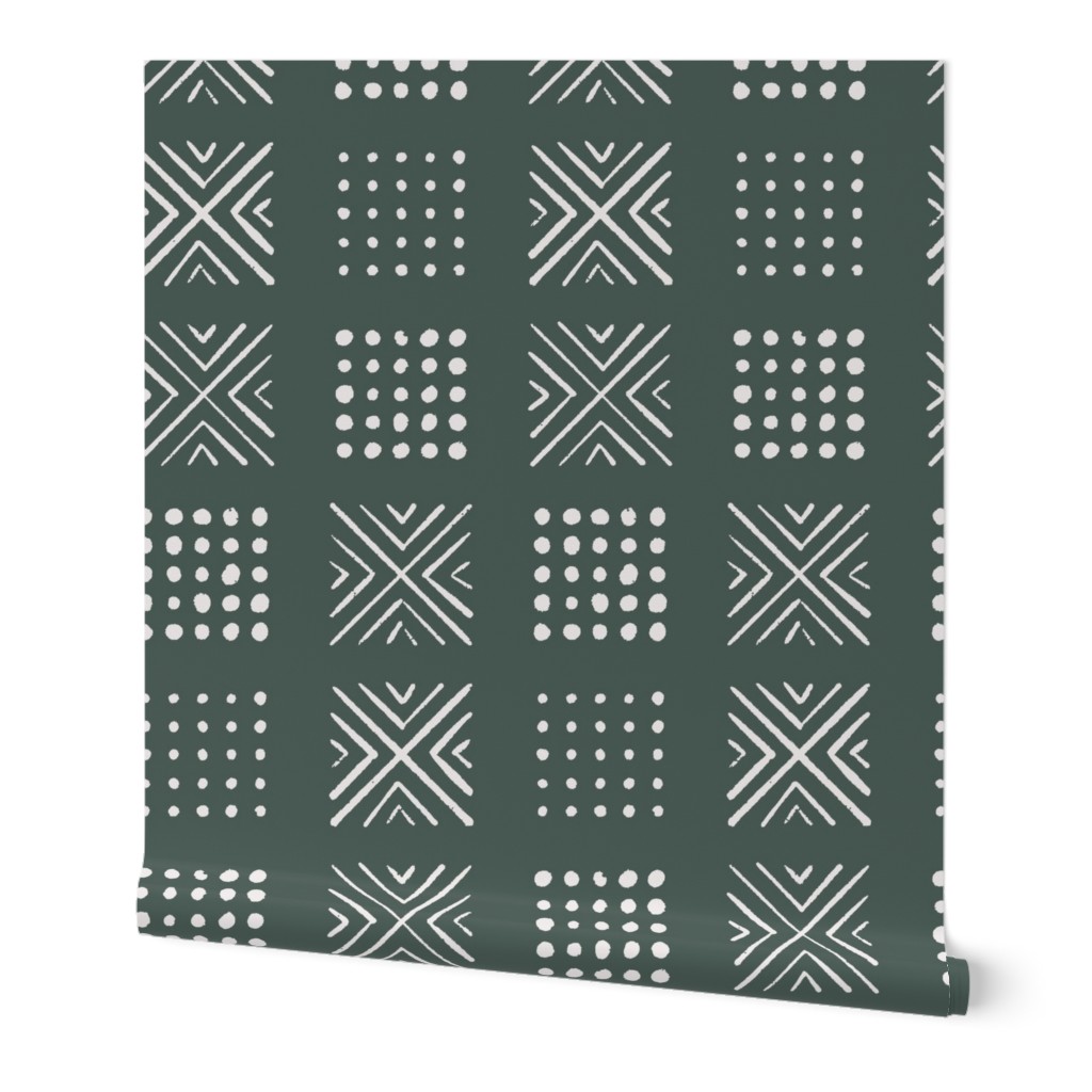 mod block print | Large Scale | Dark Green, forest green, crisp white | multidirectional geometric