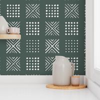 mod block print | Large Scale | Dark Green, forest green, crisp white | multidirectional geometric